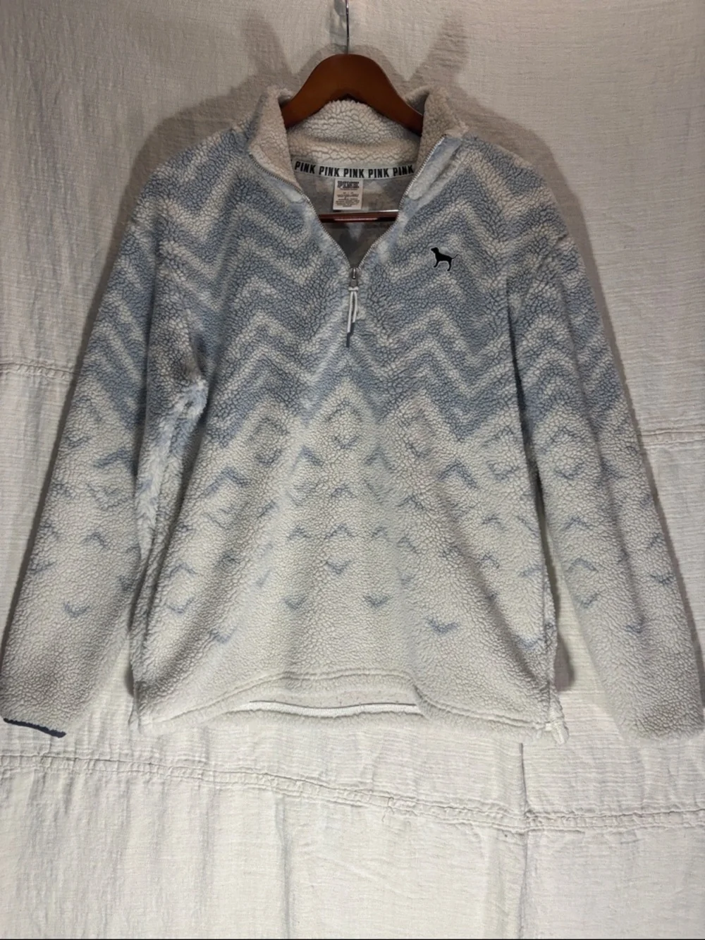 PINK Victoria's Secret Light Blue & White Chevron Sherpa Half-Zip